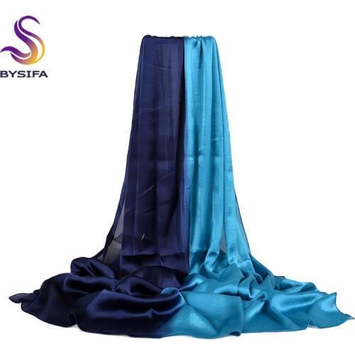 [BYSIFA] Women Blue Gradient Silk Scarf Cape Fashion Accessories Satin Long Scarves Wraps Spring Autumn Winter Muslim Head Scarf