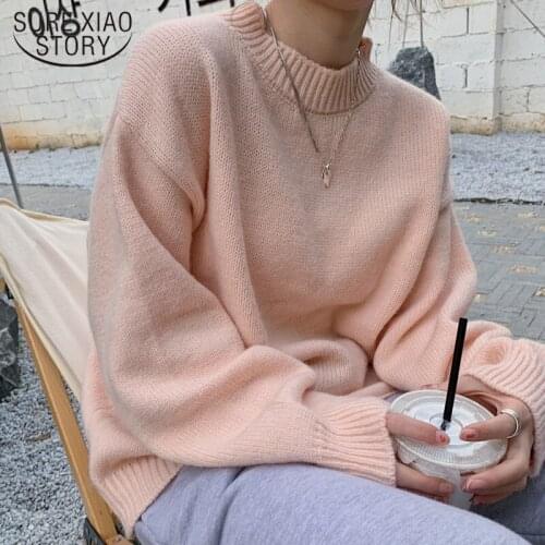 Autumn Elegant Sweater Solid Pullover Streetwear Basic O-neck Knitted Jumper Women Winter Casual Loose Long Sleeve Sweater 17154