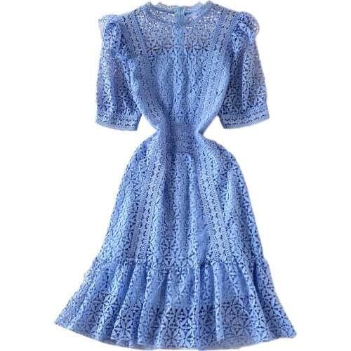New Summer Women Stand Collar Short Sleeve Slim Mini Dress High Quality Hook Flower Hollow Chemical Lace Runway Dress