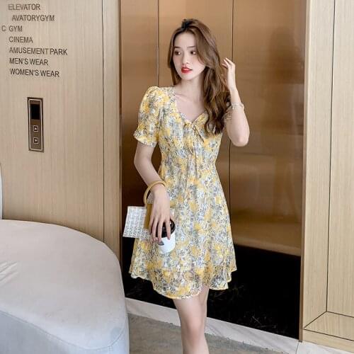 2021 Summer Printed Floral Dress Women Slim Sweet Short Sleeve Chiffon Ladies Dresses Womens Lace Up V-neck Mini Dress Woman