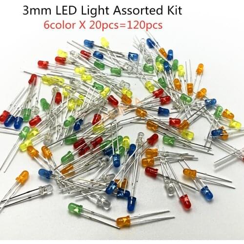 120pcs 6color X 20pcs 3mm LED Light Assorted Kit DIY LEDs Set White Yellow Red Green Blue Orange
