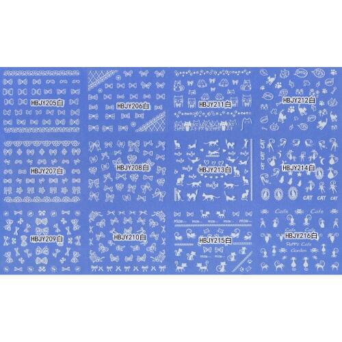 12 PCS / LOT SELF-ADHESIVE 3D NAIL TATTOOS STICKER WHITE BLACK GOLD SILVER CAT KITTEN BOW TIE HBJY205-216