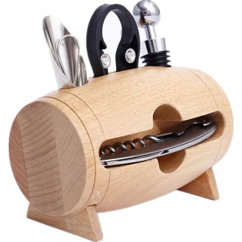 Wine Bottle Opener Set 4 Piece Kitchen Tools Manual Red Wine Corkscrew Wine Stopper Pourer Foil Cutter with Wooden Storage Box