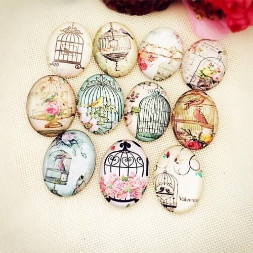 Free Shipping 14Pcs Mix birdcage Image Round Cabochon 18*25mm or 20*30mm Vintage Glass Cabochon Findings