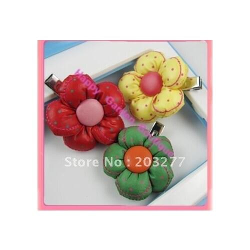 Free shipping!24pcs/lot polka dots flower with double prong hair clip 9color for your choose