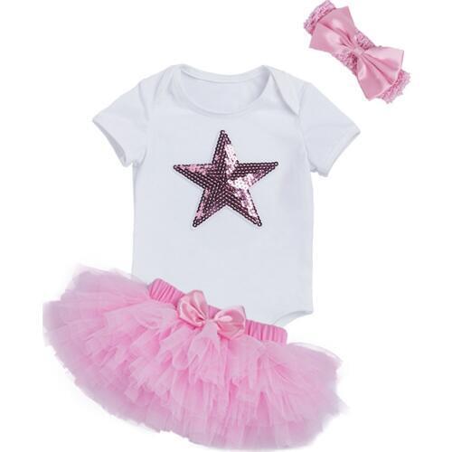 Newborn Baby Birthday Tutu Set Summer Short Sleeve Sequins Star Bodysuits Pettiskirt Headband 3pcs Suits Girls Clothing Sets