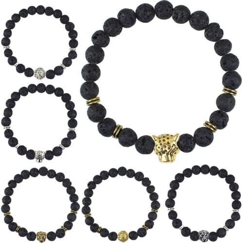 1pc Black Beads Strand Bracelet Mens Bracelet Retro Vintage Lava Rock Stone Bracelet Gift Animal Lion Leopard Tiger Head