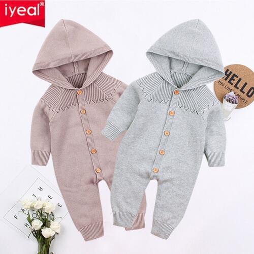 IYEAL Kids Baby Girl Boy Knitted Romper Unisex Kids Long Sleeve Hooded Jumpsuit Cotton Jumper Knitwear Autumn Clothes for 3-18M