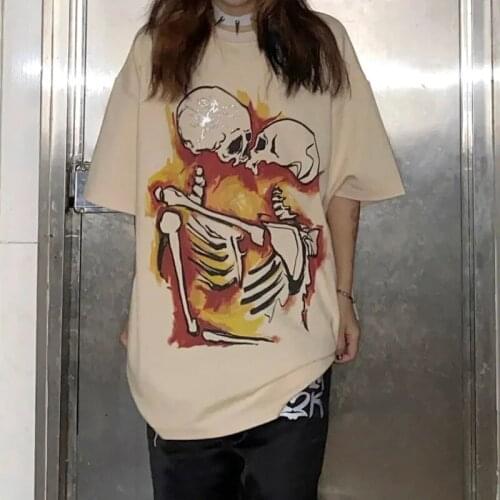 Pure cotton niche Harajuku punk high street short-sleeved T-shirt student girl street skull skeleton printing hot drill retro