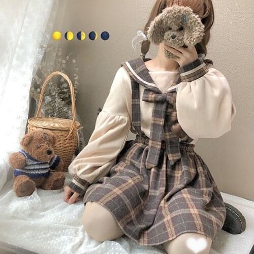 Two-Piece Japanese Soft Girl Long-Sleeved Kawaii Ribbons Sweatershirt + Sweet Cute A-Line Skirt Aesthetic All-Match Costume