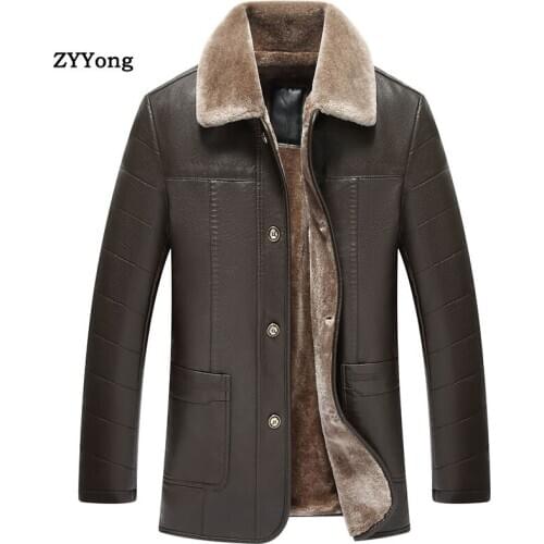 Leather Jacket Men Winter Jacket Fleece Parka Coat Overcoat Plus Velvet Warm Fur Collar Soft PU Casual Black Long Outwear