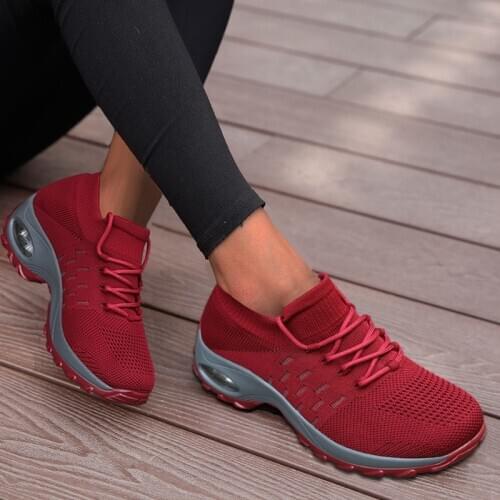 Retro Red Women Shoes Outdoor Platform Wedge Shoes Ladies Sneakers Sock Shoes Lace-up Women Tennis Shoes Casual Zapatillas Mujer