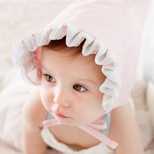 2019 Lace Princess Infant Baby Caps Summer Cotton Girls Hats Bonnet Enfant Pink and Grey for 0-12M