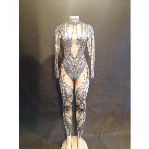 New Hollow Black Crystals Stretch Jumpsuit Sexy Nightclub Bar Dance Wear Bodysuit Leggings Celebrate Outfit Performance Clothing