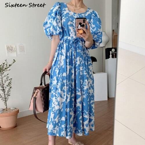Blue Printed Dress Woman Summer Slim Waist Elegant Vintage Maxi Dress Vestido Woman Clothing Chic Square Collar Dress Lady