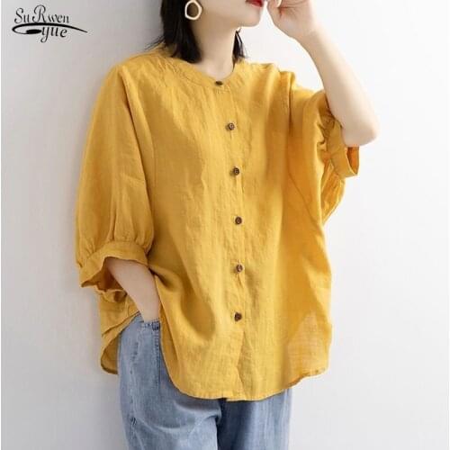 Plus Size Clothing Puff Sleeve Summer Linen Shirts Women Ladies Loose Vintage Tops Short Sleeve Female Shirt Blouse Casual 13626
