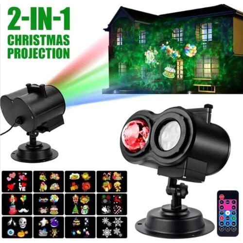 2IN1 Christmas LED Disco Lights 16 Pattern Film Projector Lamp Wtih 10 Colorful Water Ripple Halloween Snowflake Projection Lamp