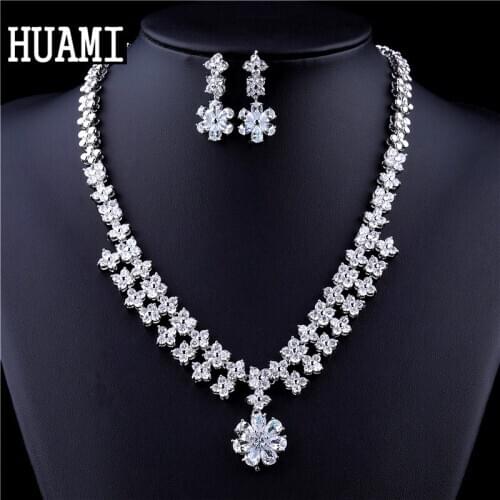 HUAMI Drop Earrings Nacklace Pendant Long Style Fine Jewelry Sets Cubic Zirconia Silver Color Costume Jewelry Nacklace Earrings
