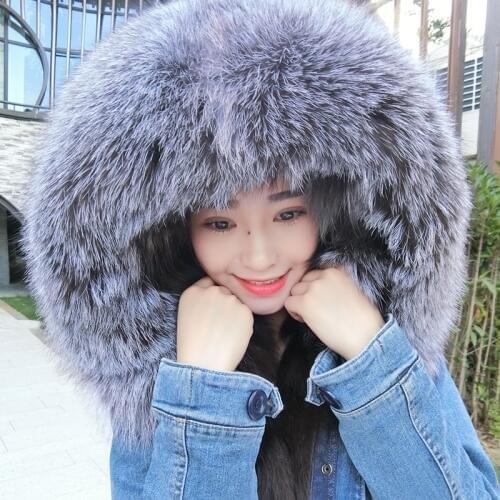 2020 blue denim jacket parkas winter jacket real fox fur liner women real fur coat raccoon fur collar hooded warm parka
