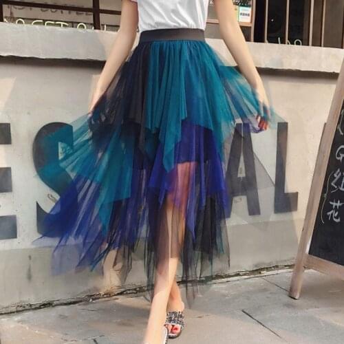 SETWIGG Spring Sweet Multi-color Tulle Patchwork Long Irregular Skirts Elastic Waist A-line Tiered Mesh Pleated Calf Long Skirts
