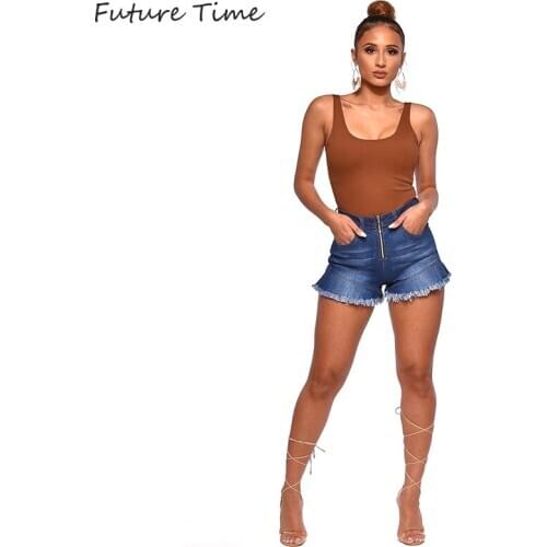 Jeans Shorts Stretch Elastic Mid Waist 2020 Spring and Summer Tassel Women Shorts Washed Blue Denim Zippers C2149