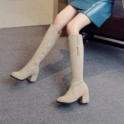 Ladies Knee Boots Square High Heels Ladies Zipper Round Toe Boots Autumn Winter Fashion Fringed Frosted Womens Shoes
