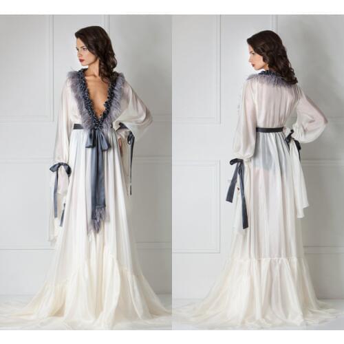 V Neck Bathrobe for Women Lace Lingerie Nightgown Pajamas Sleepwear Long Sleeve Bridal Gowns Wrap Housecoat Nightwear