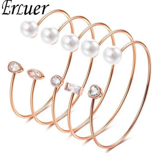 ERLUER Hot sale adjustable Bangle Imitation pearl Heart Bracelets for women Girl wedding rose gold fashion Cuff Bracelet jewelry