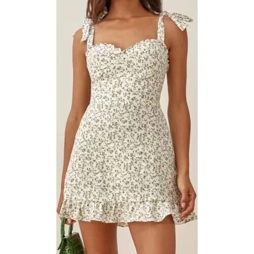 2021 Summer women Tube Top vintage Sundresses beach Slim Dresses Retro floral Adjustable Strap Vestidos Ruffle hem Lace-up Dress