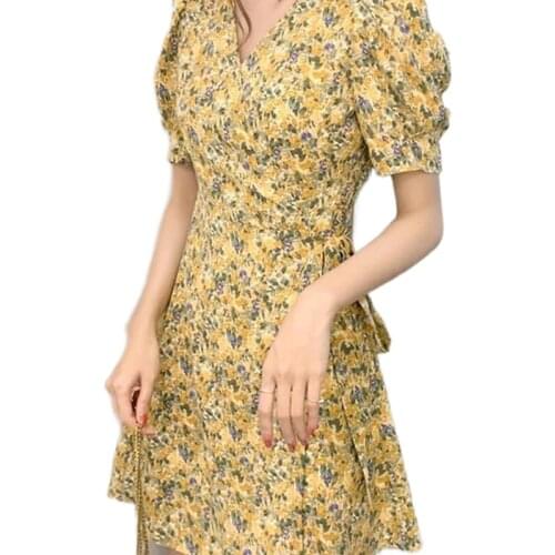 S-4XL Women Dresses Summer Sexy V Neck Floral Print Boho Beach Dress Ruffle Short Sleeve A Line Mini Dress Wrap Sundress Robe