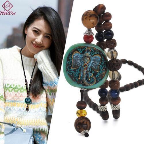 Heeda Vintage Ethnic Strand Wood Bead Necklace for Women Nepal Retro Elephant Sweater Chain Autumn Winter Joker Neck Jewelry