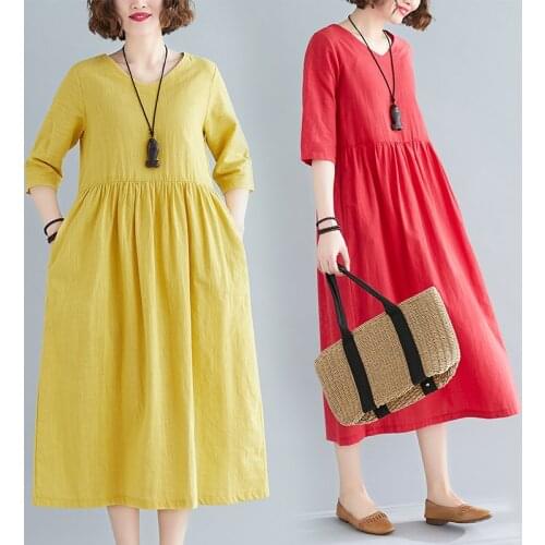 #0207 Summer V Neck Cotton And Linen Dress Women Half Sleeves Plus Size Midi Dress Ladies Vintage Loose Yellow Black Green Red