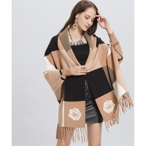 ZJZLL Wholeasale Winter Autumn Multifunctional Floral Knitted Warm Jacquard Cloak Shawl Cashmere Plaid Women Poncho Cape Coat