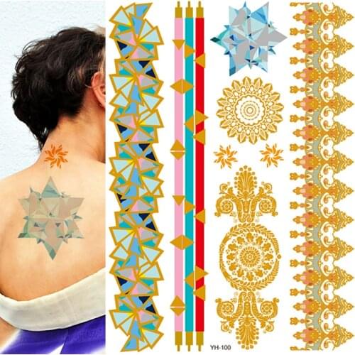 1 Sheet Flash Tattoo Boho Metallic Gold Triangle Blue Shimmering Jewellery Festival Temporary Tattoos