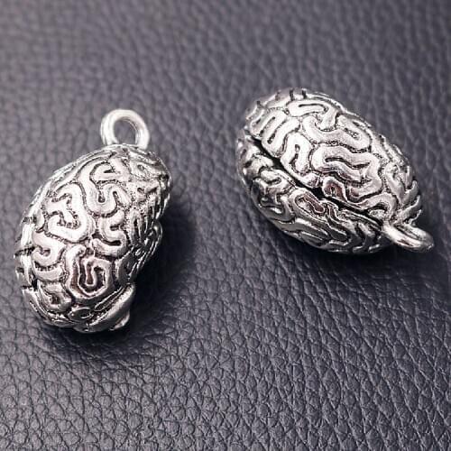 2pcs Silver Plated 3D Anatomical Smart Brain Charm Hip Hop Necklace Earrings Pendant DIY Metal Jewelry Handicraft Making 36*20mm