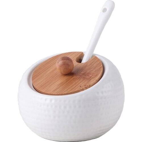 3 Bamboo Wood Ceramics Condiment spherical Spice Jars Sauce pot Set Salt Pepper Shakers Seasoning Sprays Cooking Kitchen Tool