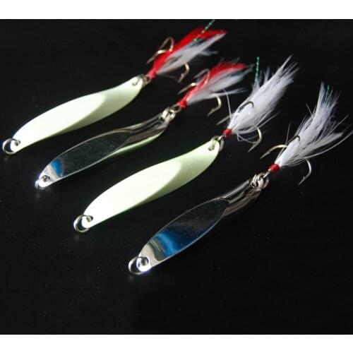 5PCS Fishing glow lure spoon treble Feather baits Hook two sides bend corner 7-40g