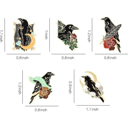 5Pcs Crow Bird Feather Flowers Brooches Bag Lapel Pin Punk Badge Jewelry Gift