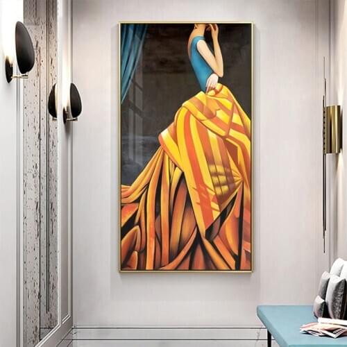Abstract Gorgeous Women Poster Print Yellow Dress Girl Canvas Art Vintage Painting for Living Room HD Fashion Wall Art Pictures