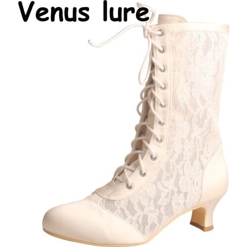 Custom Handmade Ivory White wedding Lace Boots Low Heeled Directly from Factory