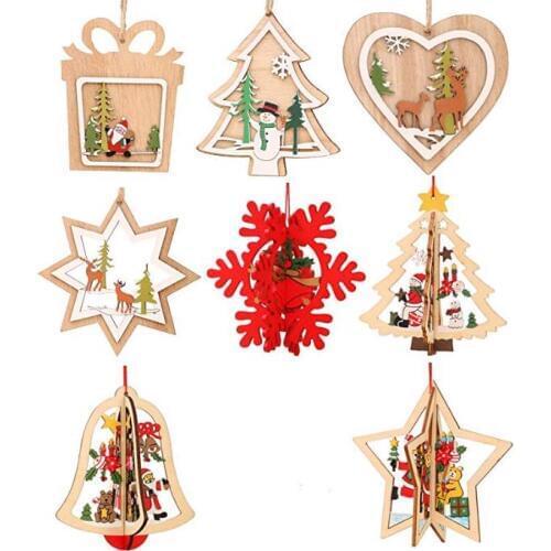 Wooden Christmas Tree Hanging Ornaments Decorations Deer snowman santa snowfake Pattern Pendants Home Window Decor Crafts
