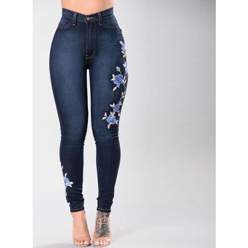 Stretch Embroidered Jeans For Women Elastic Blue Flower Jeans Female Pencil Denim Pants Rose Pattern Pantalon Femme
