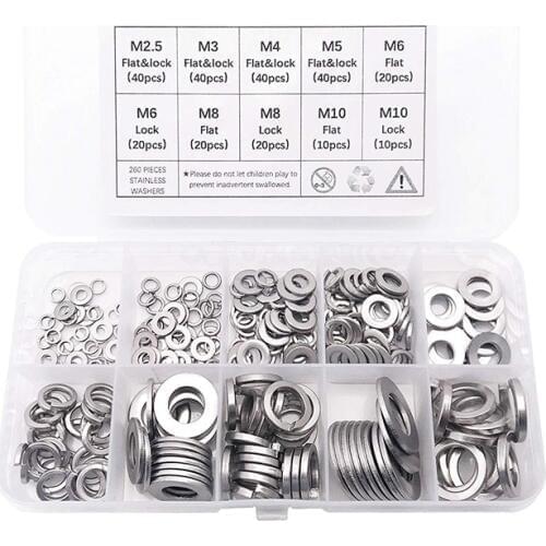 Hot Sale 260-Pcs (7-Size) Steel Flat Washer and Lock Washer Assortment Set - Size Included: M2.5 M3 M4 M5 M6 M8 M10