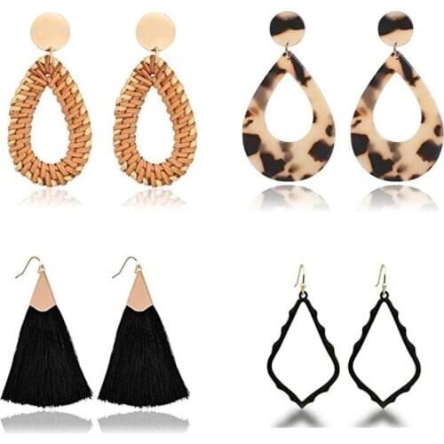 Korea Bamboo Wooden Straw Weave Rattan Knit Vine Acrylic Earrings for Women Girl