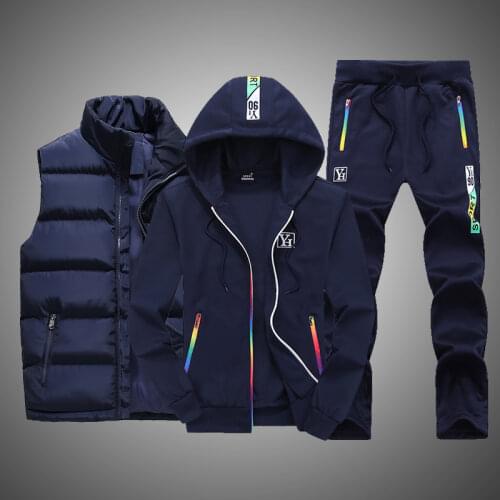Sweat Suit New Winter Mens Clothing Men Sets 3 Pieces Vest Hoodie Set Fleece Zipper Casual Sport Sweatpant Men Tracksuit Outfit