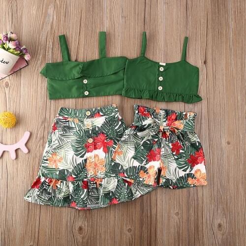 Baby Summer Clothing Sister Matching Clothes Green Vest Crop Tops +Skirts/shorts 2Pcs Outfits Leaves Print Ruffled Sets