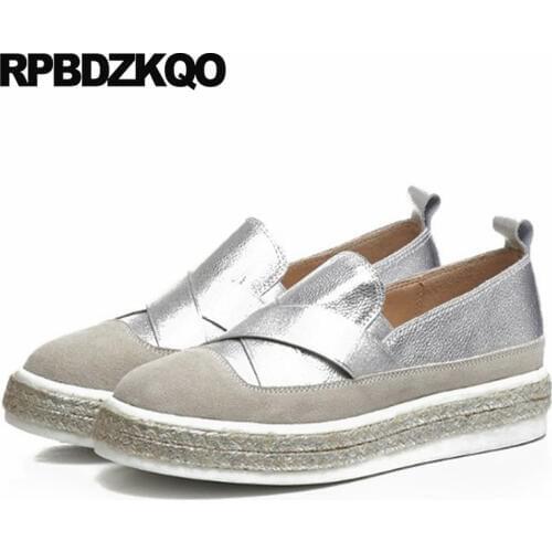 Elevator Silver Cowhide Hemp Metallic Slip On Gold Muffin Platform Creepers Espadrilles Flats Women Wide Fit Shoes Ladies Casual