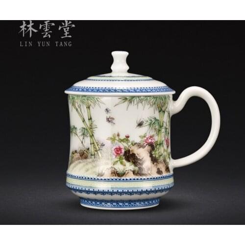 Lin Yuntang hand-painted high-grade office cup glass colored enamel porcelain of jingdezhen ceramic cups with cover cups