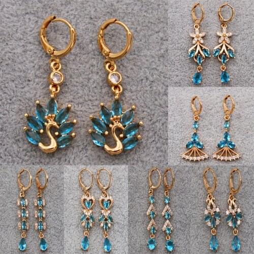 Trendy Blue Heart Zircon Stone Dangle Drop Earrings For Women Girls Fashion Jewelry Accessoires Gold Eardrop Wedding Party Gift