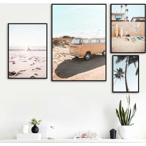 Ocean Beach Surfboard Bus Coconut Tree Nordic Posters And Prints Wall Art Canvas Painting Wall Pictures For Living Room Decor
